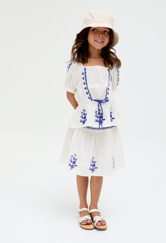 Kids Ally Paneled Waist Embroidered Skirt In White
