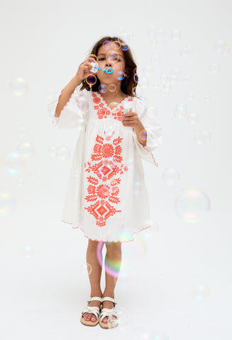 Kids Arabella V- Neck Embroidered Dress In White