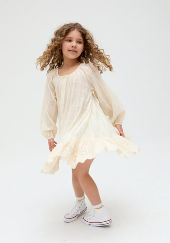 Kids Olivia Button Down Embroidered Dress In Cream