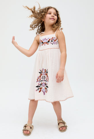 Kids Furla Smocked Panel Embroidered Dress In Cream