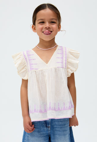 Kids Mariana Flutter Sleeve Embroidered Blouse In Cream