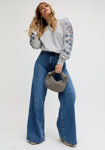 Jewel Long Sleeves Embroidered Sweatshirt In Grey