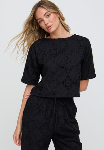 Opal Broderie Anglaise Split Open Back Blouse In Black