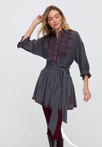 PREORDER Julie Embroidered Skater Mini Skirt In Dark Grey