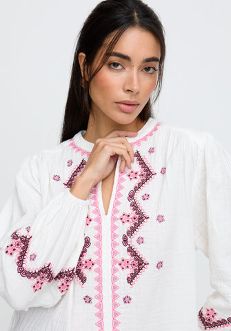 Dina V-Neck Embroidered Blouse In White
