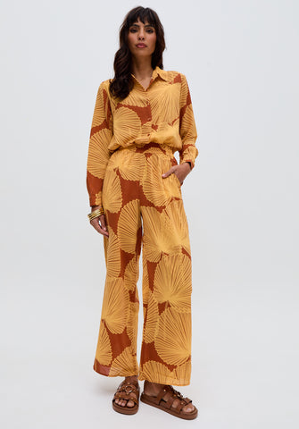 Clyde Wide Leg Abstract Leaf Print Trouser In Yellow