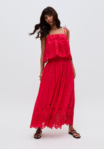 Mirella Spaghetti Strap Embroidered Skirt In Red