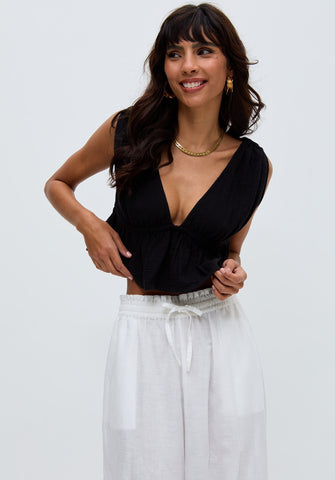 Katty Deep-V Neck Blouse In Black