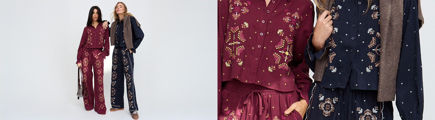 Two women modeling outfits with floral patterns on a white background
