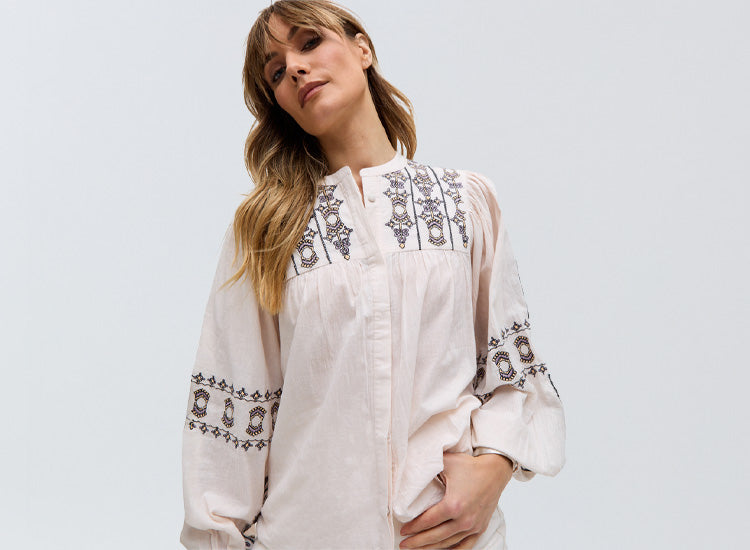mobile image showing model wearing Demi blouse