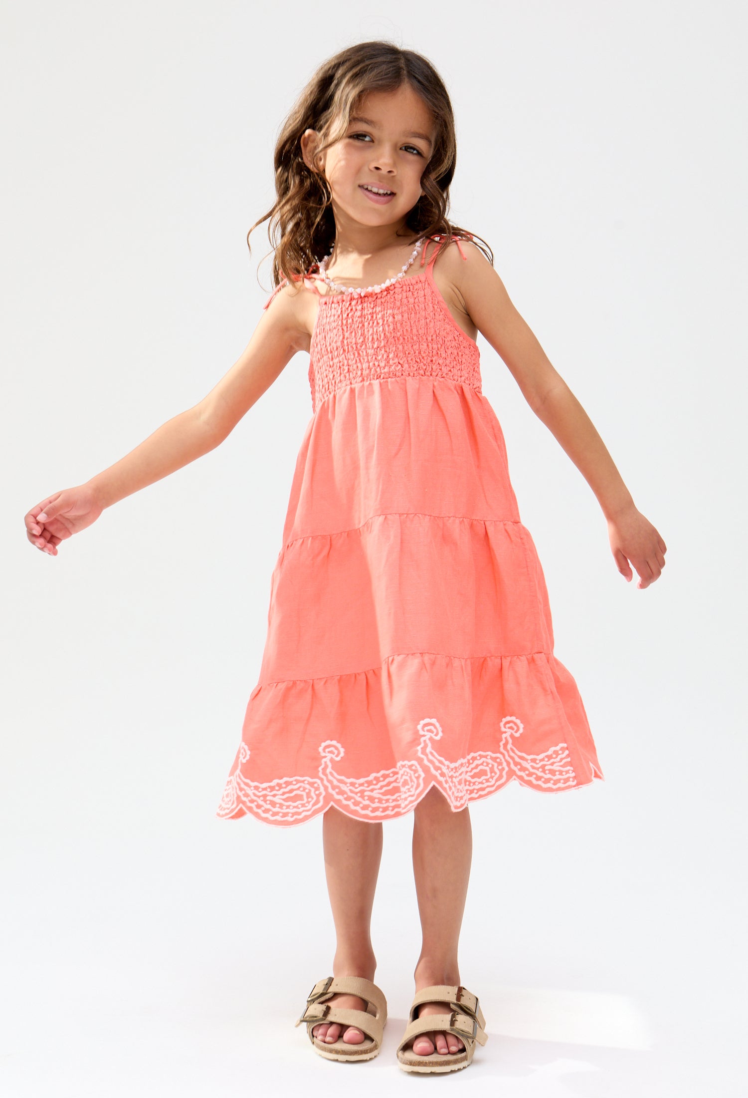 Emma Shirred Bodice Scalloped Embroidered Dress