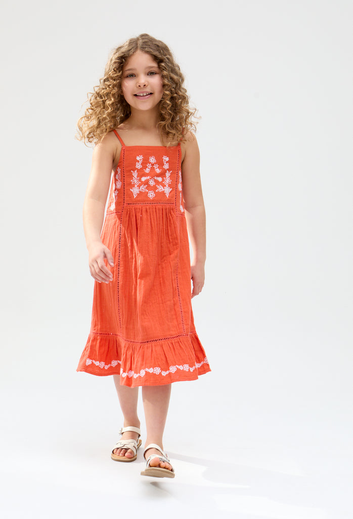 Kids Eina cotton Ladder Insert Embroidered Dress In Orange - image 3