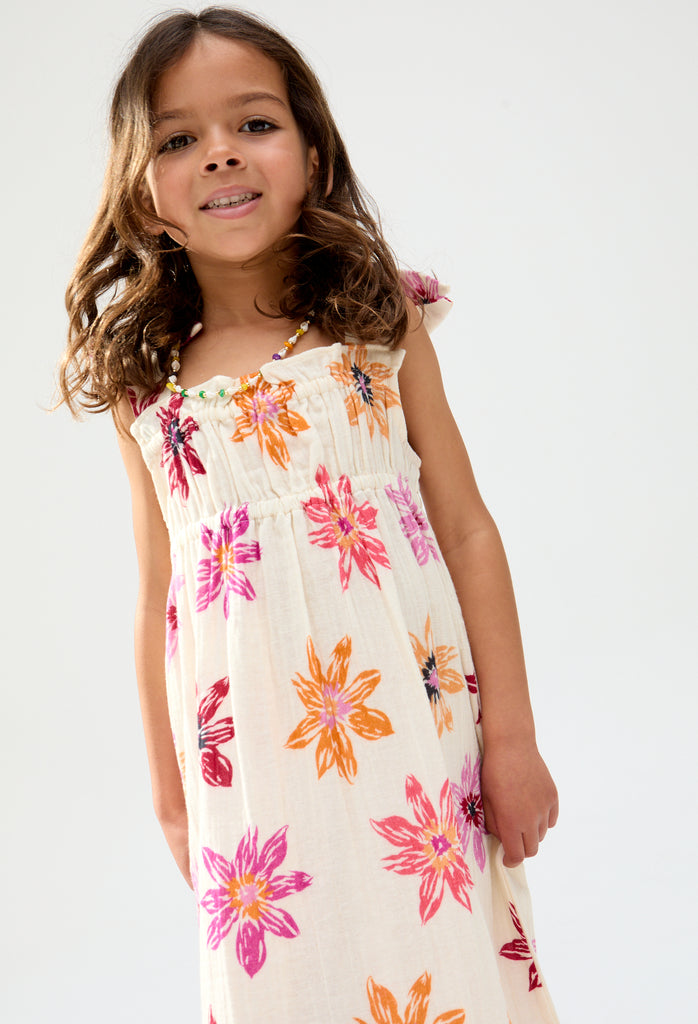 Kids Flora Gathered Hand Drawn Floral Print Dress In Multi - image 3