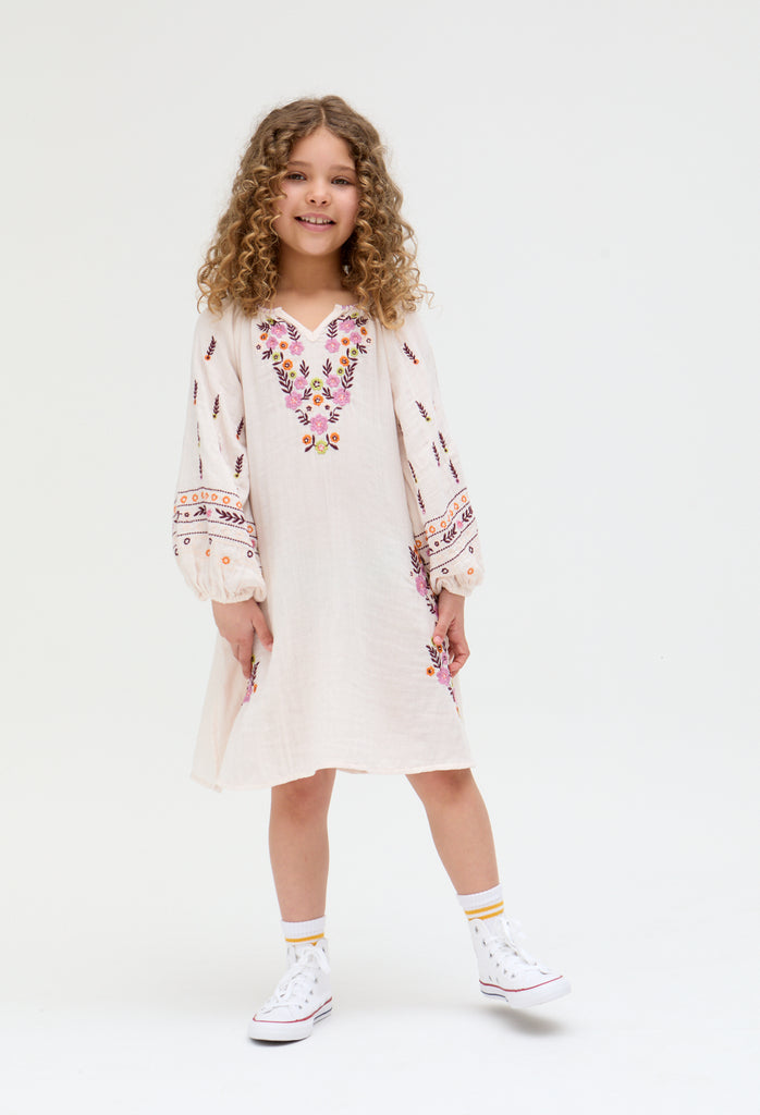 Kids Lavender cotton Full Sleeves Placement Embroidered Dress In Cream - image 2