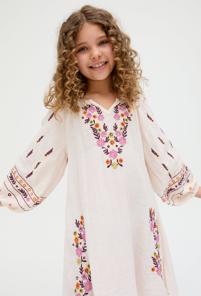 Kids Lavender cotton Full Sleeves Placement Embroidered Dress In Cream - image 4