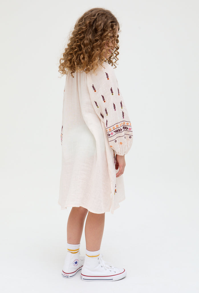 Kids Lavender cotton Full Sleeves Placement Embroidered Dress In Cream - image 5