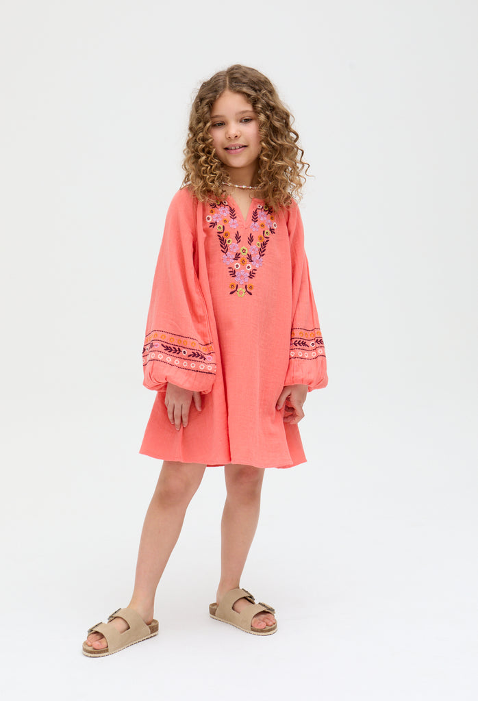 Kids Lavender Full Sleeves Placement Embroidered Dress In Orange - image 1