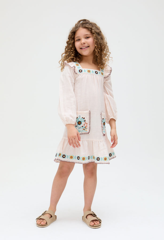 Kids Lisa Square Neck Embroidered Dress with front pockets In Cream - image 1