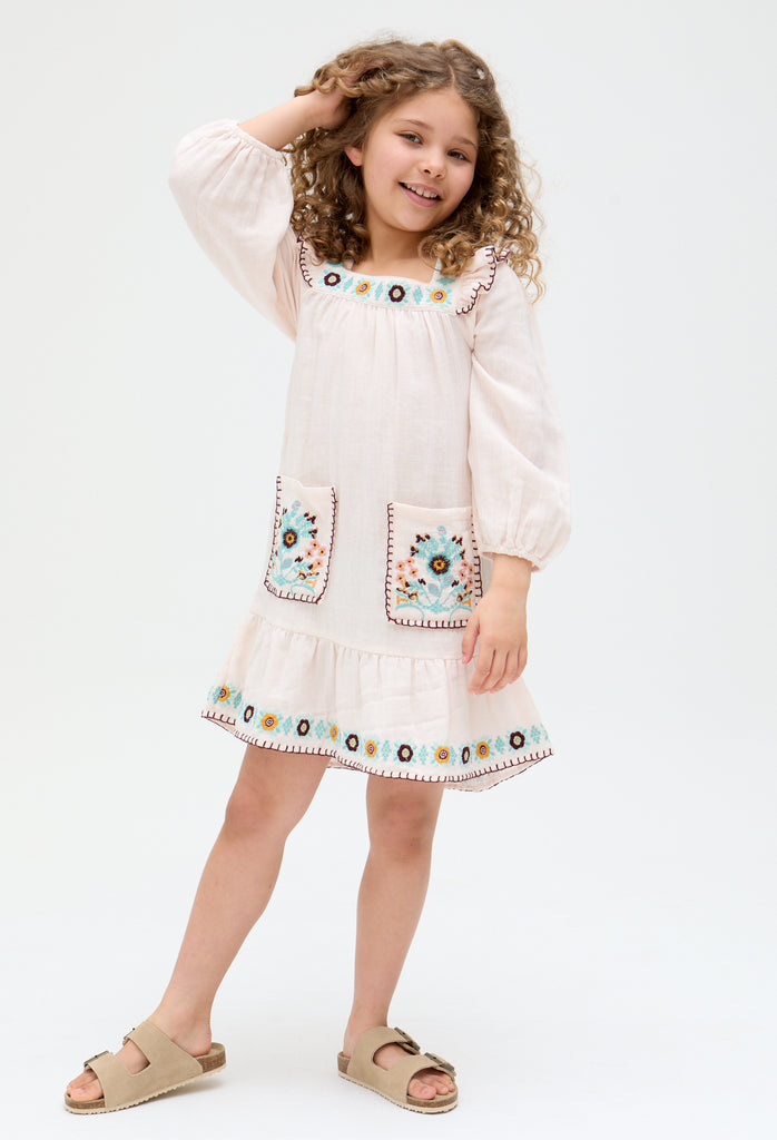 Kids Lisa Square Neck Embroidered Dress with front pockets In Cream - image 2