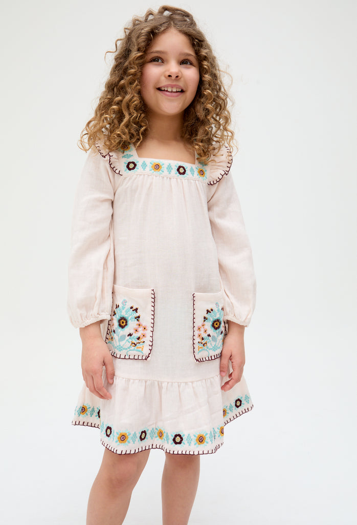 Kids Lisa Square Neck Embroidered Dress with front pockets In Cream - image 3