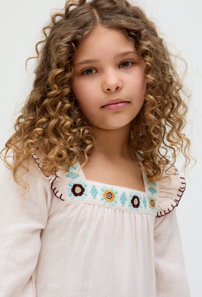 Kids Lisa Square Neck Embroidered Dress with front pockets In Cream - image 4