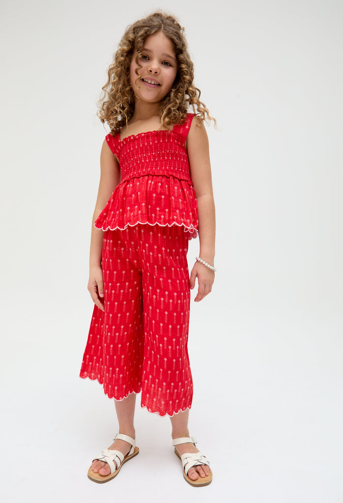 Kids Sia Shirred Floral Print Co-Ord top and trouser Set In Red - image 1
