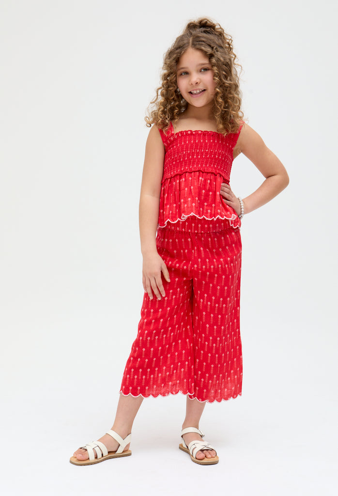 Kids Sia Shirred Floral Print Co-Ord top and trouser Set In Red - image 3