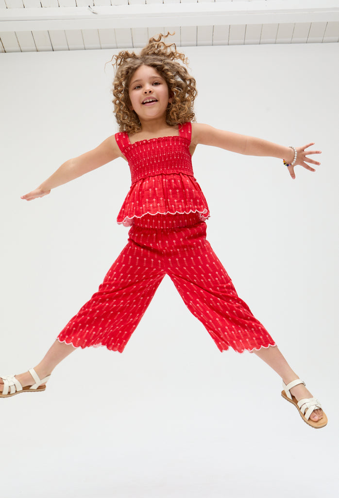 Kids Sia Shirred Floral Print Co-Ord top and trouser Set In Red - image 4