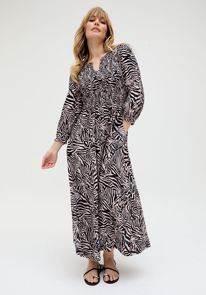 Paulina Shirred Bodice Zebra Print Maxi Dress In Black - image 1