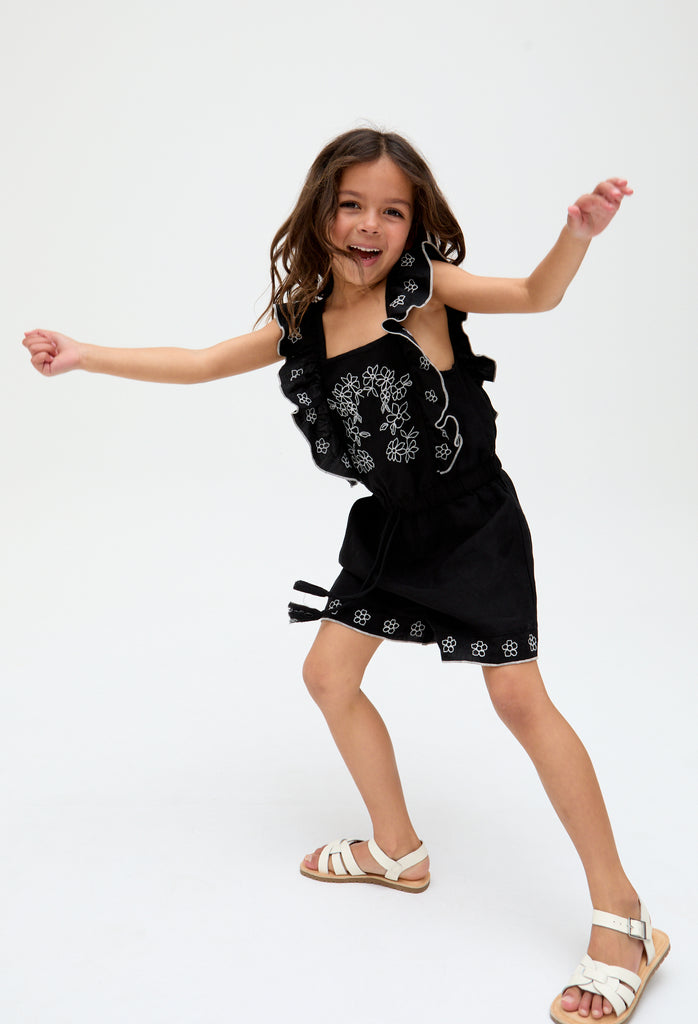 Kids Philo linen Ruffle Neck Embroidered Playsuit In Black - image 1