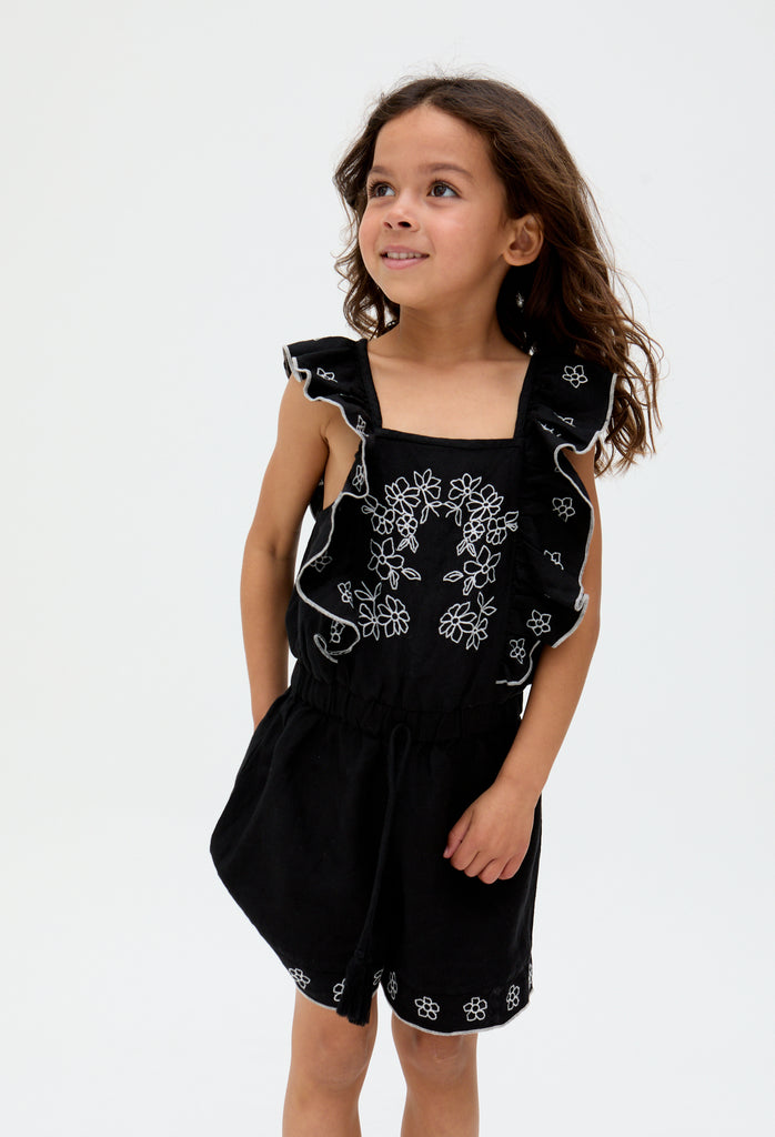 Kids Philo linen Ruffle Neck Embroidered Playsuit In Black - image 3