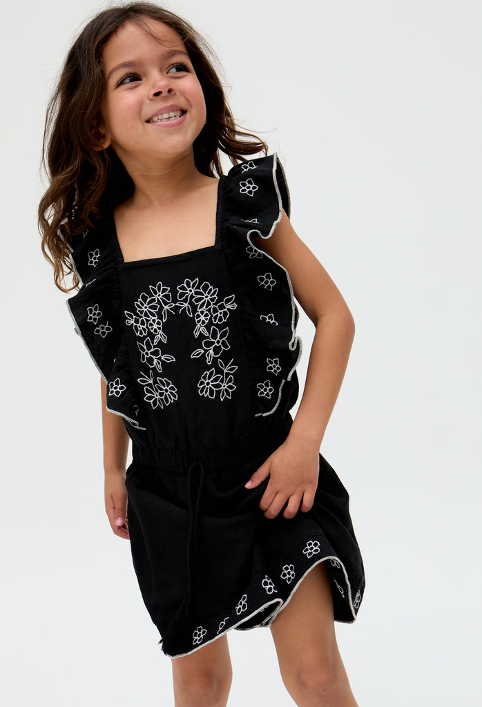 Kids Philo linen Ruffle Neck Embroidered Playsuit In Black - image 4