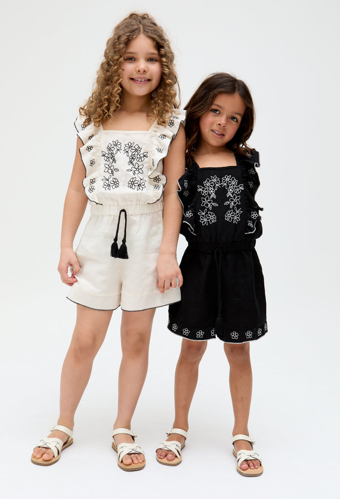 Kids Philo linen Ruffle Neck Embroidered Playsuit In white- image 1