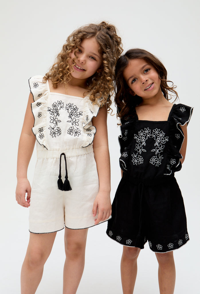 Kids Philo linen Ruffle Neck Embroidered Playsuit In white- image 2