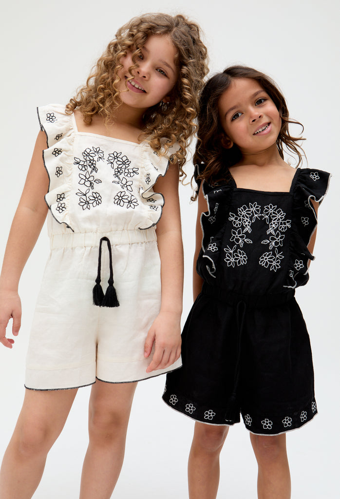 Kids Philo linen Ruffle Neck Embroidered Playsuit In white- image 3