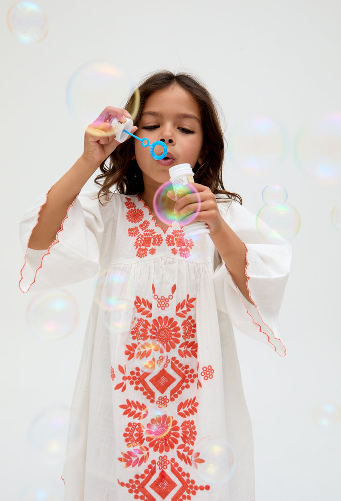Kids cotton Arabella V- Neck Embroidered Dress In Cream - image 2