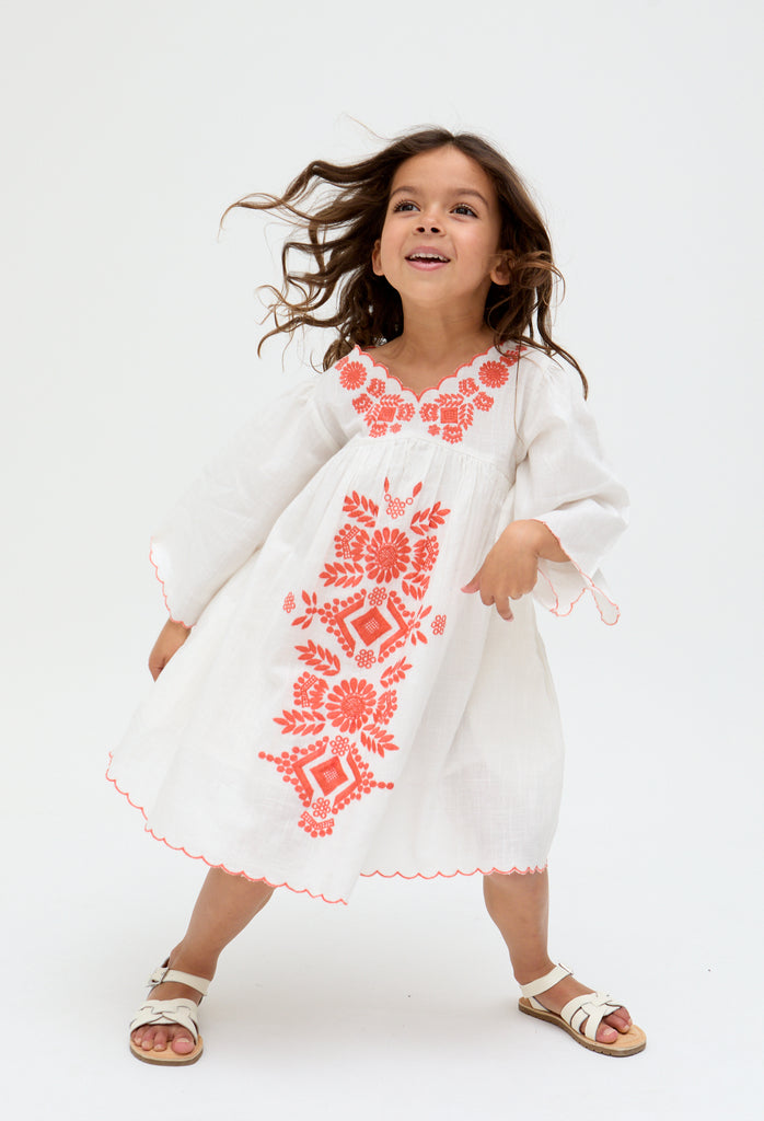 Kids cotton Arabella V- Neck Embroidered Dress In Cream - image 3
