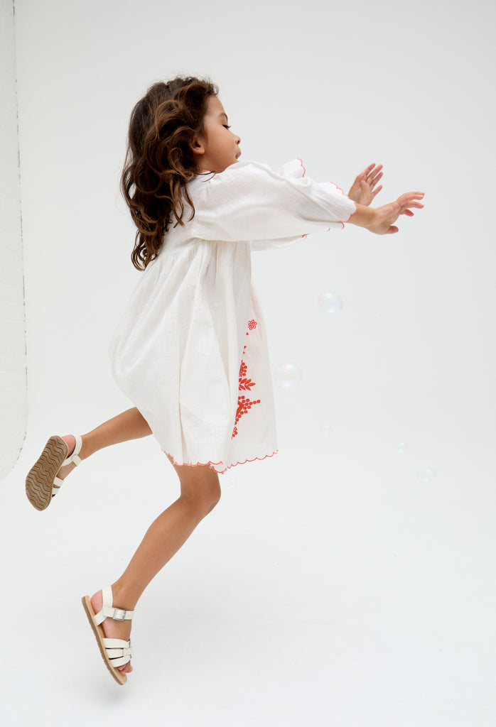 Kids cotton Arabella V- Neck Embroidered Dress In Cream - image 4