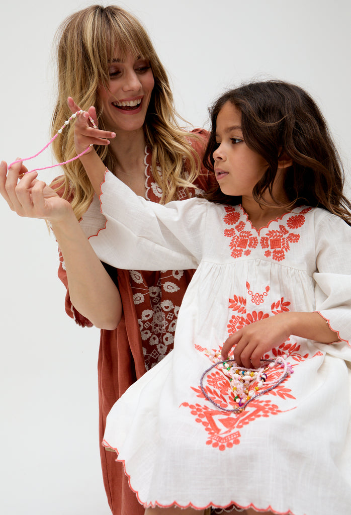 Kids cotton Arabella V- Neck Embroidered Dress In Cream - image 6