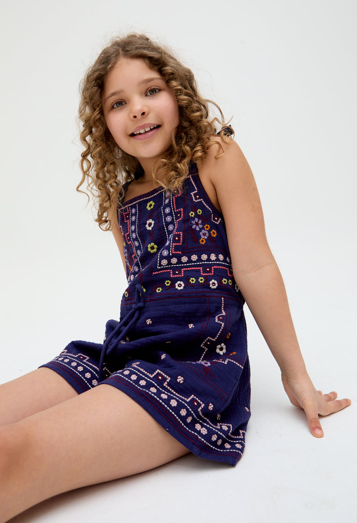 Kids Sailor Necktie All Over Embroidered Playsuit In Navy - image 3
