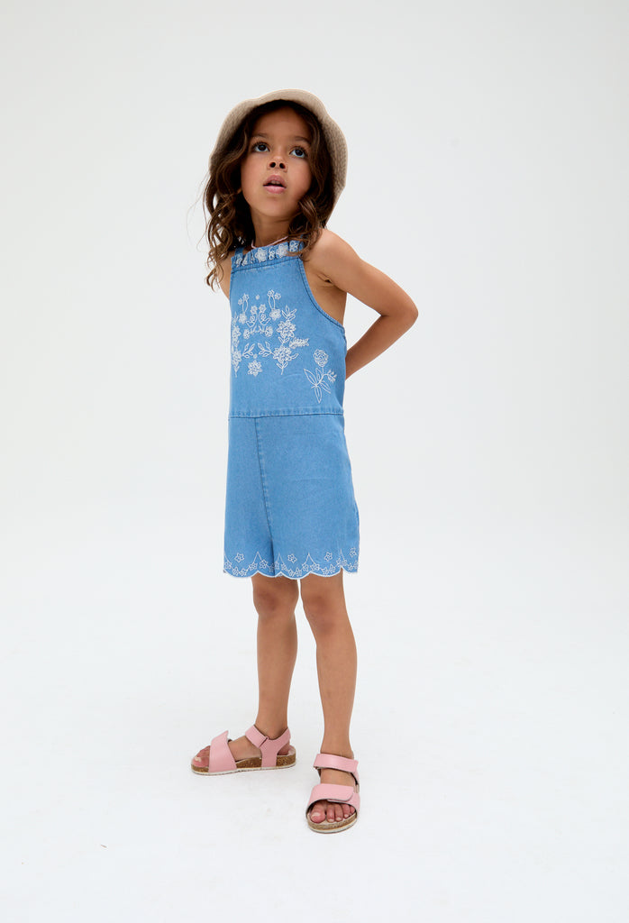 Kids Rachel Scalloped Hem Embroidered Playsuit In Blue - image 1