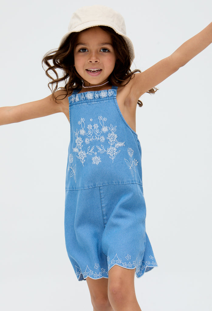Kids Rachel Scalloped Hem Embroidered Playsuit In Blue - image 2