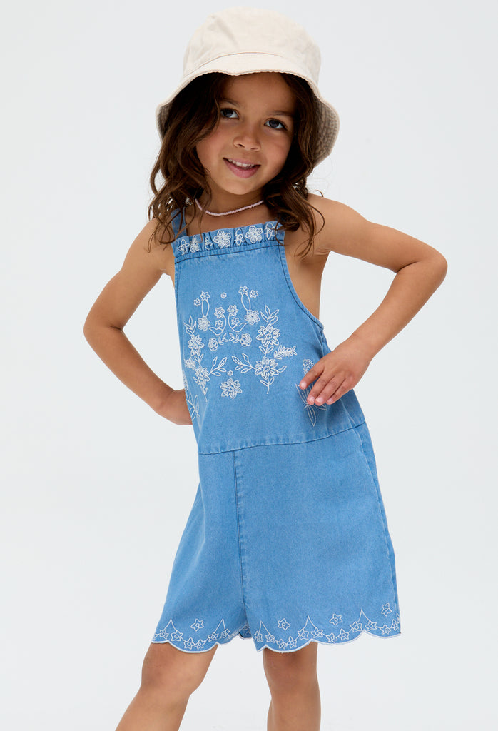 Kids Rachel Scalloped Hem Embroidered Playsuit In Blue - image 3