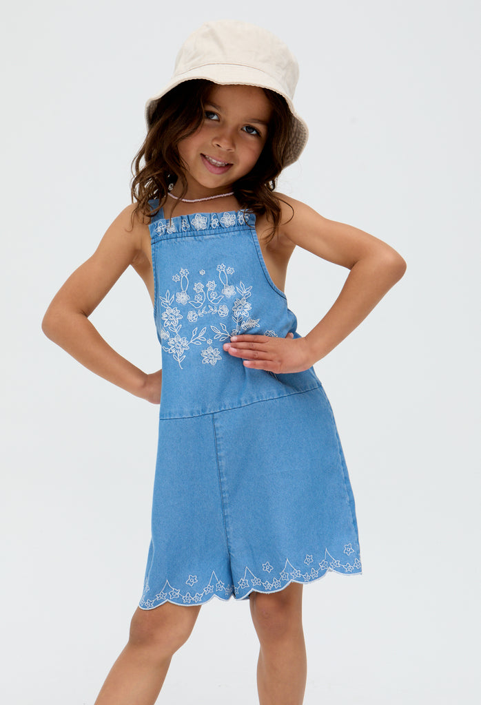 Kids Rachel Scalloped Hem Embroidered Playsuit In Blue - image 4