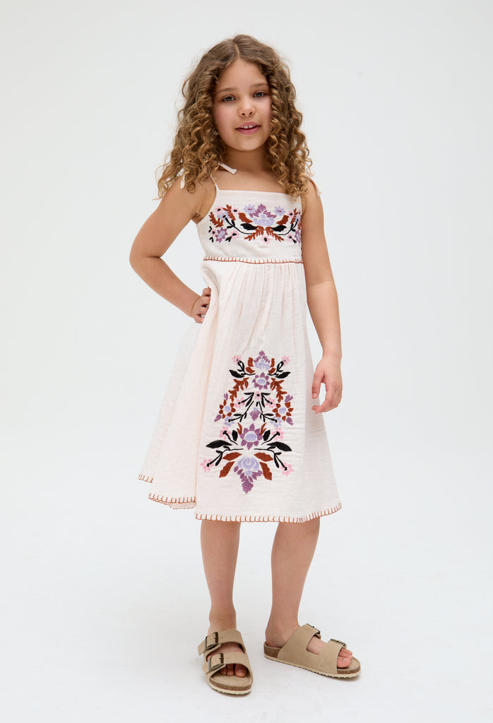Kids Furla Smocked Panel Embroidered floral Dress In Cream - image 1