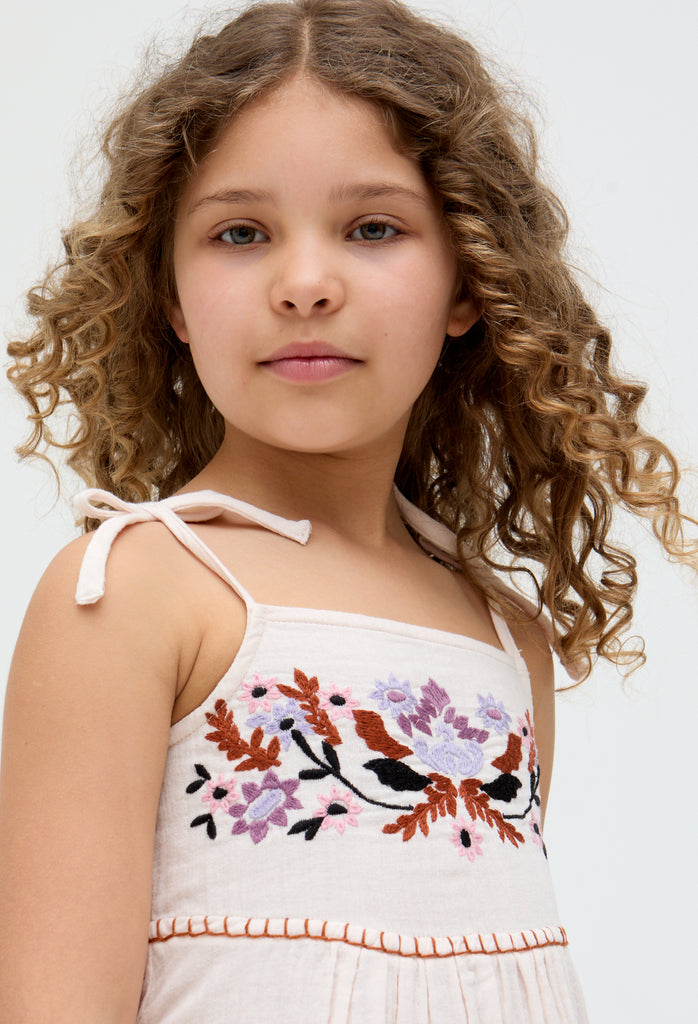 Kids Furla Smocked Panel Embroidered floral Dress In Cream - image 5