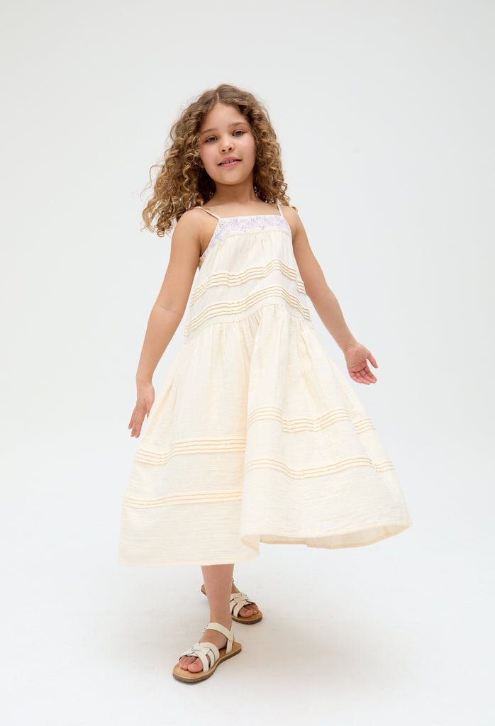 Kids Swish Pinktuck cotton embroidered Dress In Cream - image 3