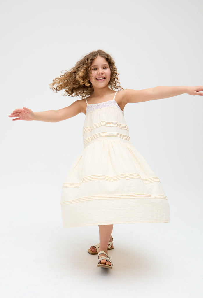 Kids Swish Pinktuck cotton embroidered Dress In Cream - image 4