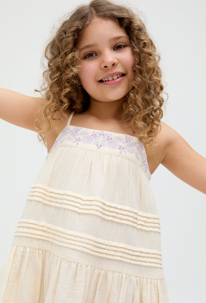 Kids Swish Pinktuck cotton embroidered Dress In Cream - image 5