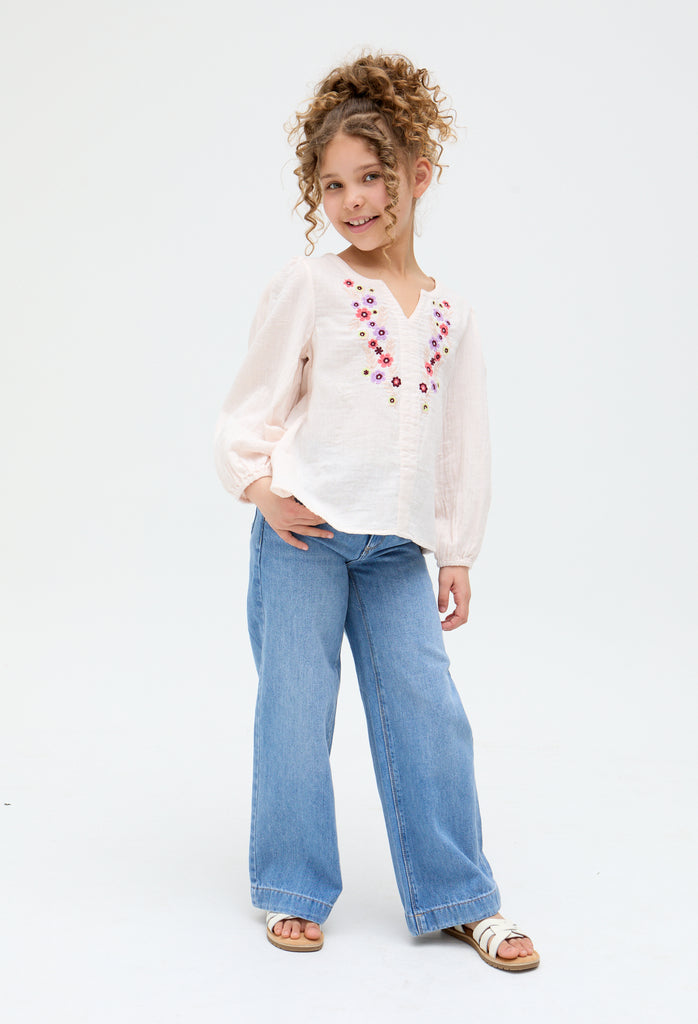 Kids Dina V-Neck Embroidered cotton Blouse In Cream - image 1